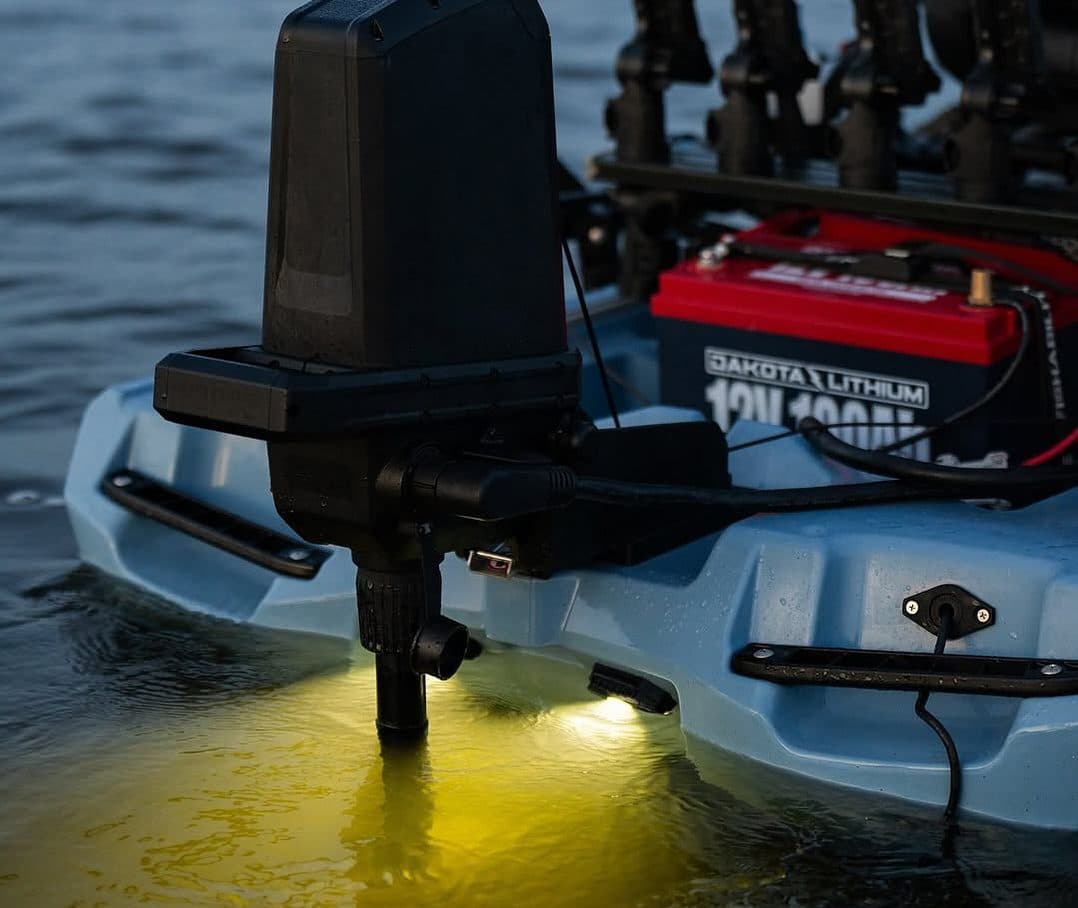 Dakota Lithium 12V 100Ah trolling motor battery rigged on a kayak stern